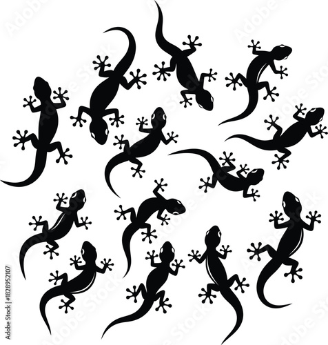 Silhouette of multiple lizards in a circular arrangement creating a pattern ideal for backgrounds textiles or decorative elements with a reptilian theme