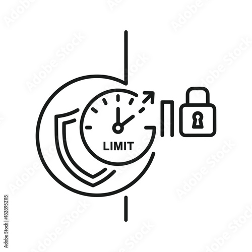 Security and time limit concept icon with shield, clock, and padlock representing restricted access and protection