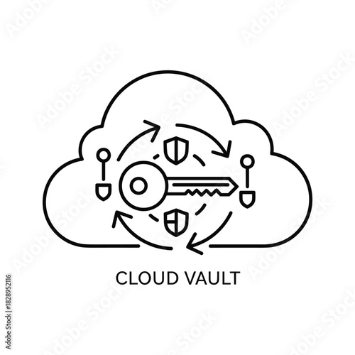 Digital cloud vault concept with key, security shields, and data flow arrows for secure online storage