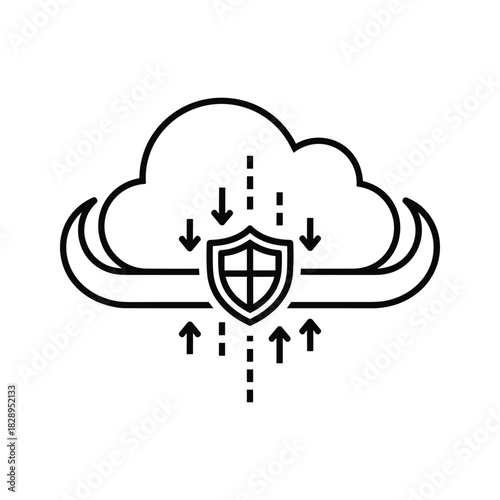 Cloud security and data protection concept with shield icon, showing secure information transfer, isolated on