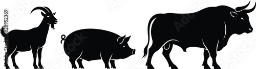 Silhouette illustration of farm animals goat pig and bull standing in a row on a white background for agricultural themes