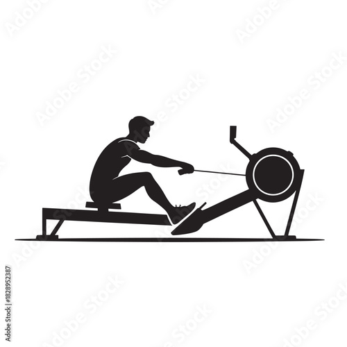 Silhouette of a man using a rowing machine fitness training vector illustration isolated on white background