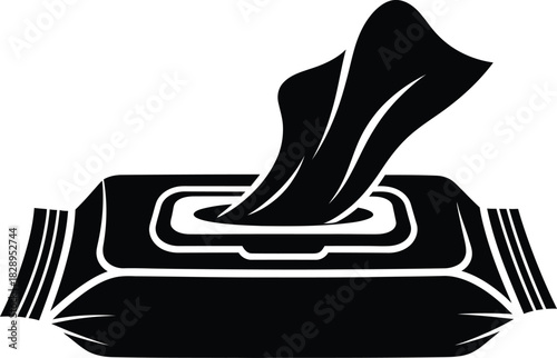 Black and white silhouette illustration of a pack of wet wipes perfect for hygiene cleaning and sanitization related designs and projects