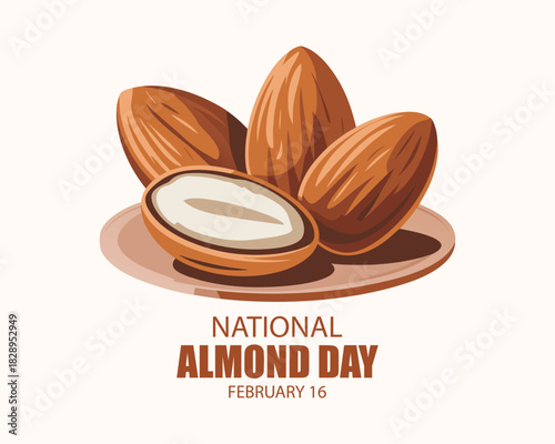 National Almond Day poster vector illustration. Pile of almonds icon vector. Whole and halved almonds drawing. Template for background, banner, card. February 16 every year.