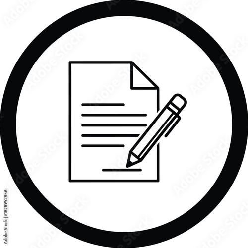 Document and pen icon in a circle representing writing signing or note taking simple black and white design for business or education