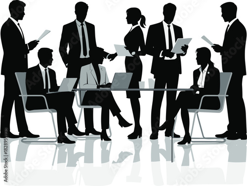 Business meeting silhouettes with laptops and papers on white