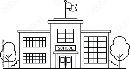 Simple line art illustration of a school building with a flag and trees perfect for educational or architectural projects in black and white