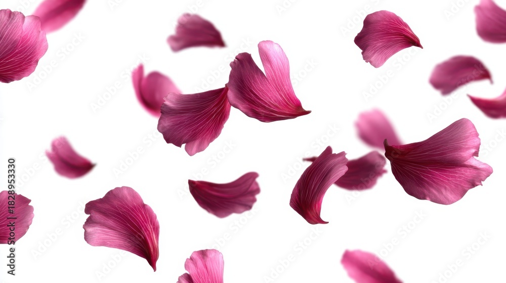 Fototapeta premium Soft pink flower petals float gracefully through the air against a white background evoking a serene and peaceful feeling. This natural display creates a calming scene.