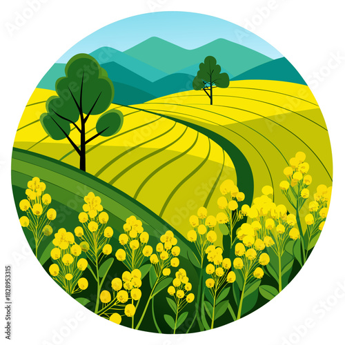Stunning countryside vista with vibrant yellow canola fields and rolling hills, perfect for travel brochures and nature-themed designs, a peaceful landscape scene