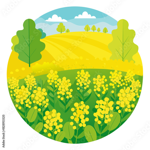 Enchanting canola field illustration with vibrant yellow flowers and lush green trees, evoking a feeling of springtime wonder and natural beauty for environmental projects