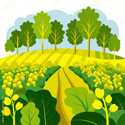 Enchanting fields of rapeseed flowers bloom beside a sun-drenched path, lined with lush green trees under a cheerful sky, perfect for nature-inspired designs and spring themes