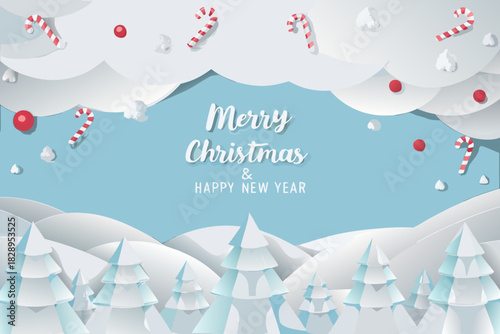 Festive papercraft christmas scene with snow candy canes and a blue background