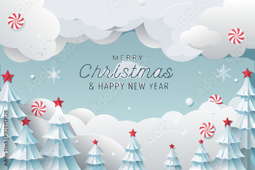 Festive christmas background with paper trees candy canes and snowy clouds