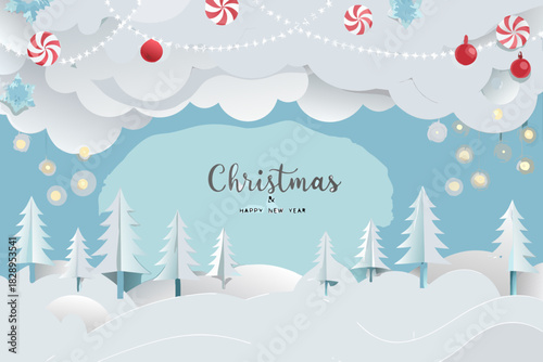 Paper cut christmas scene with snow covered trees and festive decorations