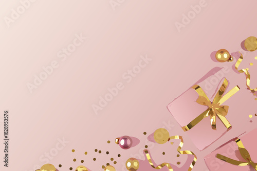 A pink background with golden gift boxes and festive confetti decorations