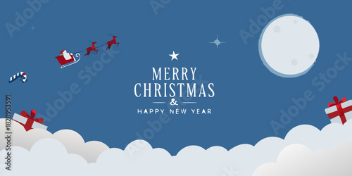 santa s sleigh flies across a festive blue sky with christmas and new year greetings