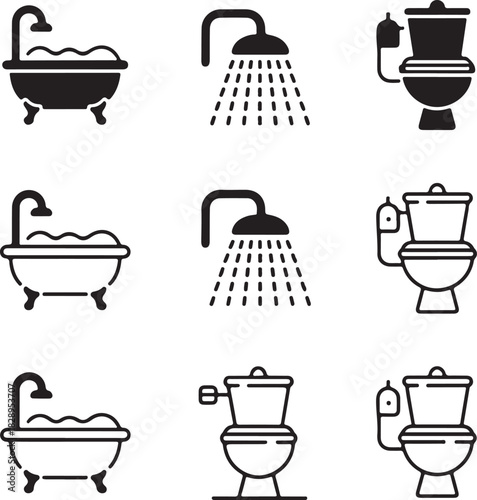 Bathroom Fixture Icons Including Bathtub, Shower, and Toilet in Multiple Styles vector illustration
