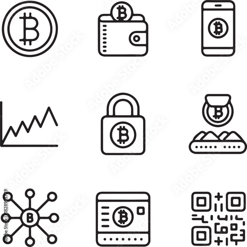 Bitcoin Cryptocurrency Icons Including Wallet and QR Code Keywords: bitcoin, cryptocurrency, digital currency, blockchain, coin, wallet, money, finance, technology, network, graph, chart