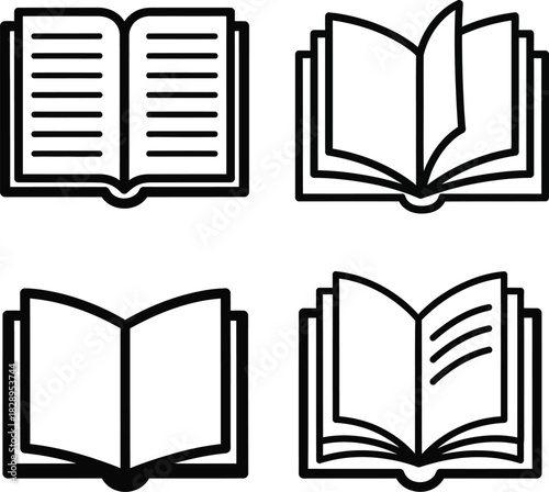 Set of open book icons in simple line art style representing reading education and knowledge perfect for educational or literary designs