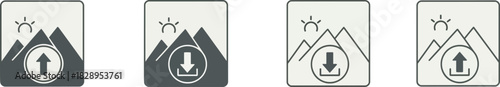 Image download and upload icons set, featuring solid and outline styles for digital media management application interfaces. Vector