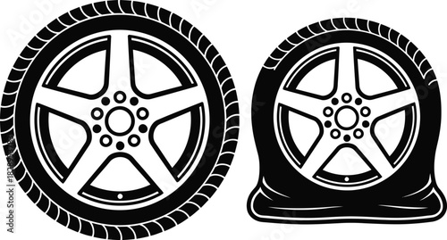 Comparison of a properly inflated car tire and a flat tire showing the difference in shape and condition of the rubber