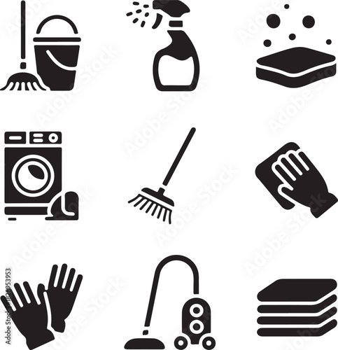 Cleaning Supplies and Equipment Icons Set with Mop Bucket Sprayer and Vacuum hygiene sanitation