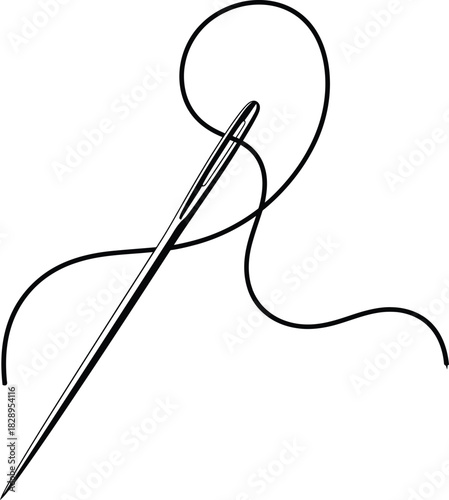 Simple line drawing of a needle threaded with black thread on a white background ideal for sewing or crafting projects