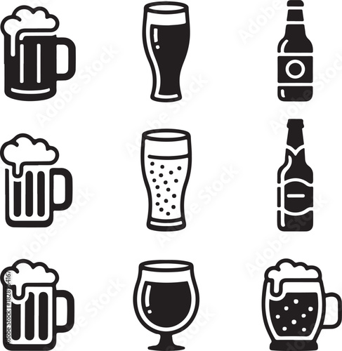 Collection of nine black and white icons representing different types of beer glasses and bottles drink