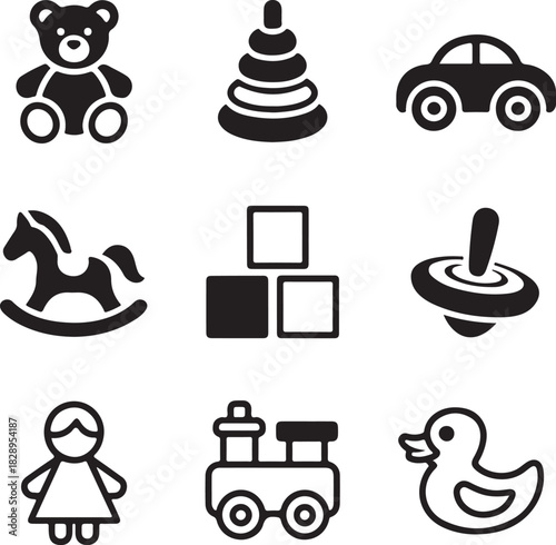 Collection of nine black and white toy icons including a teddy bear a stacking ring a car a rocking horse building blocks a spinning top a doll a train and a rubber duck