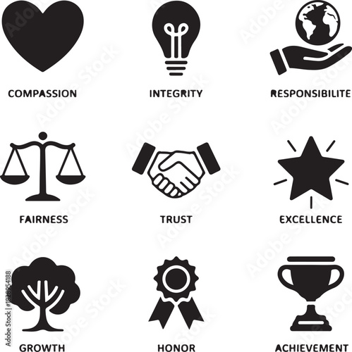 Collection of nine black and white icons symbolizing core values and achievements Keywords: heart icon, compassion icon, lightbulb icon, integrity icon, globe icon, hand icon, responsibility icon