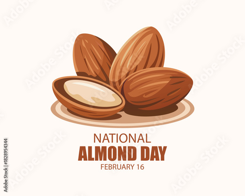 National Almond Day poster vector illustration. Pile of almonds icon vector. Whole and halved almonds drawing. Template for background, banner, card. February 16 every year.