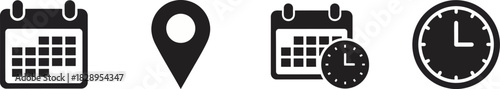Event planning, appointment scheduling, and time management vector icon set. location pin, calendar, and clock symbols. Vector