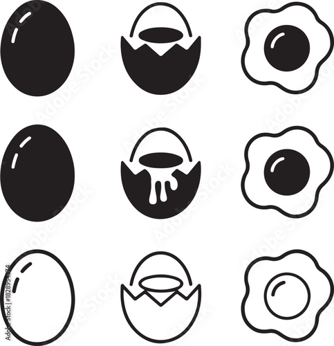 Egg Icons Showing Whole Cracked and Fried Eggs in Different Styles whole egg cracked egg