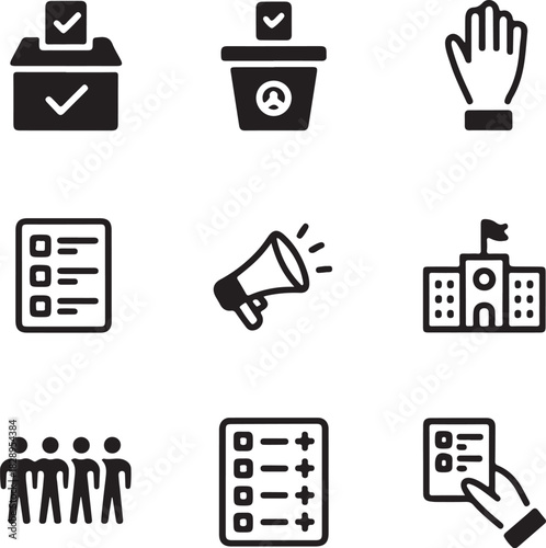 Election and Voting Icons Set Ballot Box Hand Megaphone and Building Keywords: election, voting, icons, set, ballot box, hand, megaphone, building, vote, poll, democracy, government, politics