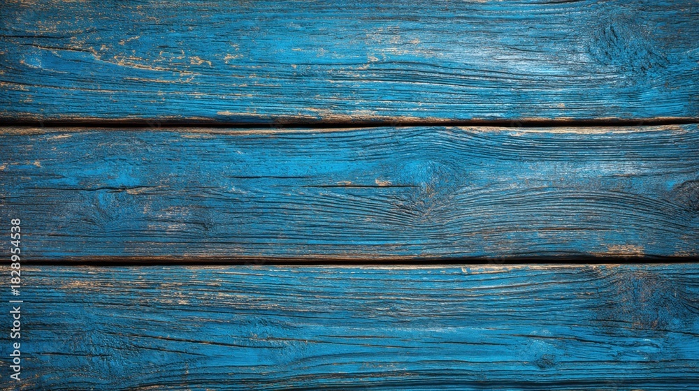 Fototapeta premium Close up view of weathered wooden planks painted in bright blue. The surface shows natural grain and texture highlighting imperfections and character. Ideal for backgrounds and designs.