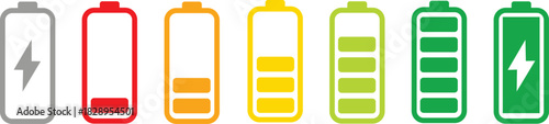 Battery level indicators. Colorful battery charge level icons. Battery power level pictograms in outline style. Vector