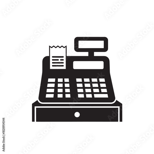 Cash register vector icon simple flat glyph design isolated on white background for business and finance