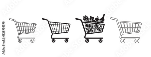 Shopping cart vector icon set with various styles, including empty and full carts with groceries on white background for retail. Vector