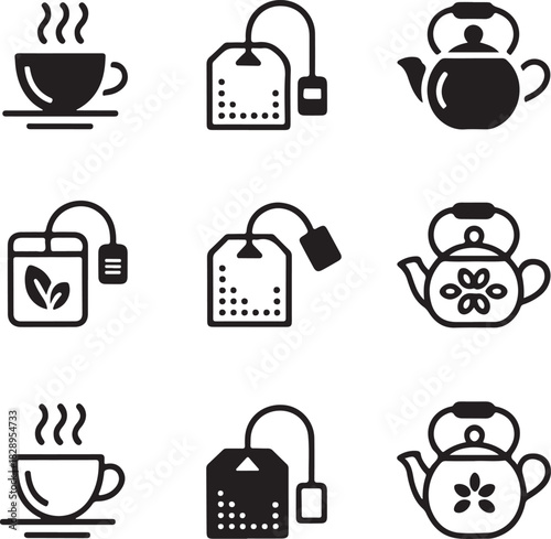 Nine black and white icons related to tea including steaming cups tea bags and teapots with decorative elements Keywords: tea icons, beverage icons, hot drink icons, cup icons, teabag icons, teapot