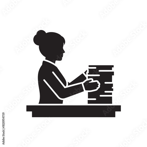 Silhouette of a woman stacking papers a vector illustration of a person organizing documents isolated on white background