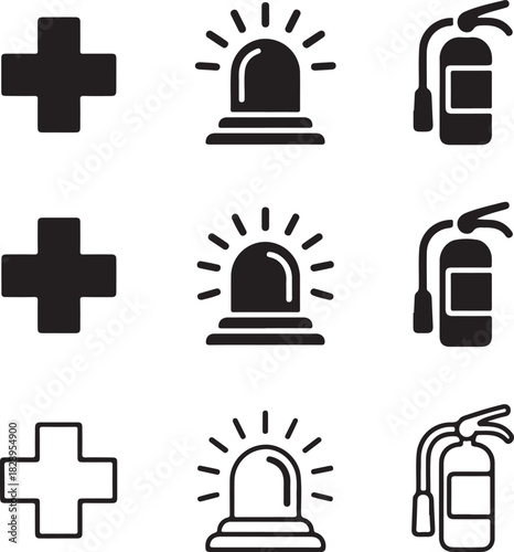 Safety Icons Set Medical Cross Siren Fire Extinguisher Emergency Symbols illustration