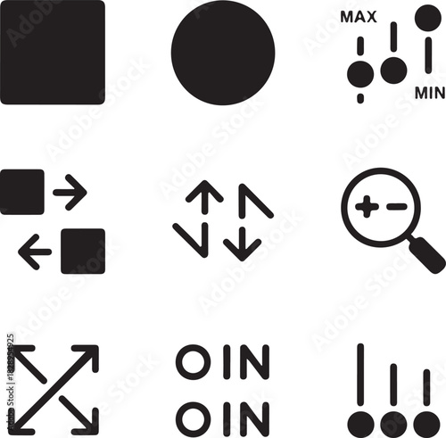 Set of abstract geometric and control icons in black and white with varying line weights square circle
