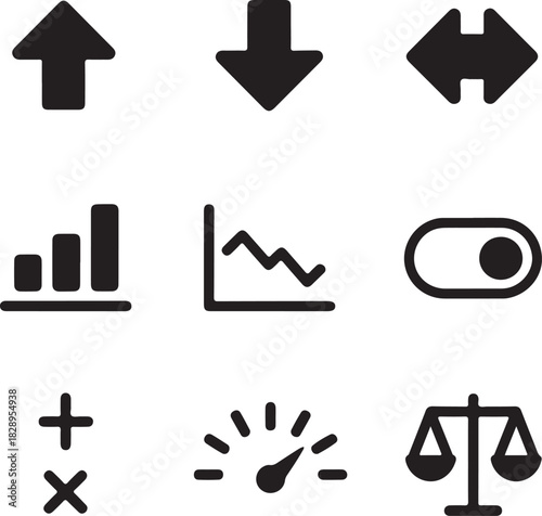 Set of business and data icons including arrows, charts, and scales up arrow down arrow