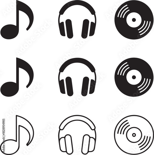 Set of music icons including notes headphones and vinyl records in solid and outline styles musical note