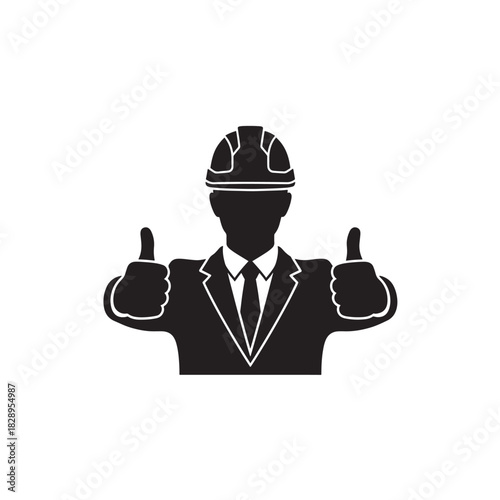 Silhouette of a construction worker giving thumbs up vector icon for industrial safety and approval isolated on white background
