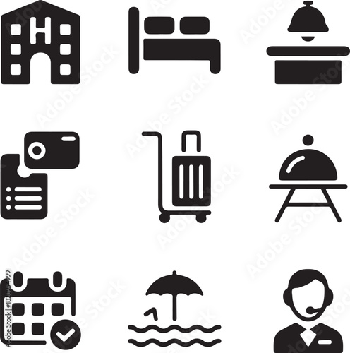 Set of nine black and white icons related to hotel services and travel Keywords: hotel icon, building icon, bed icon, reception desk icon, bell icon, key card icon, luggage cart icon, suitcase