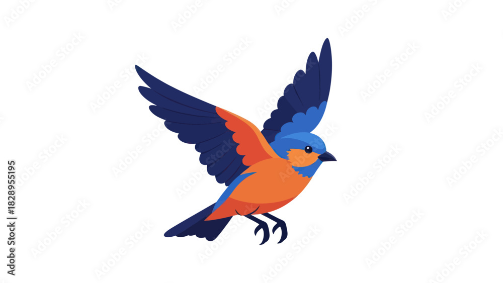 Fototapeta premium A vibrant illustration of a colorful bird with blue wings and an orange body captured mid-flight against a clean white background.