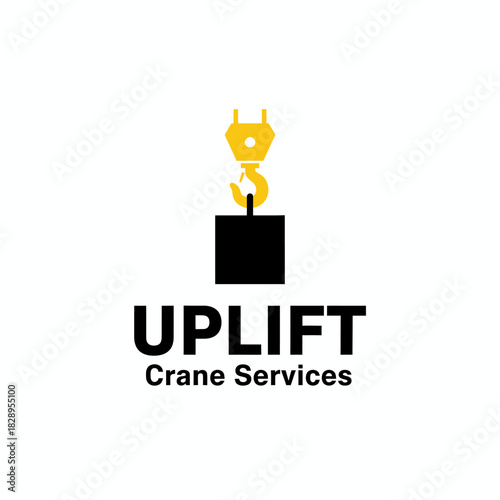 A bold logo featuring a yellow crane hook lifting a solid block, symbolizing strength, reliability, and professional heavy-lifting services in the industrial sector.