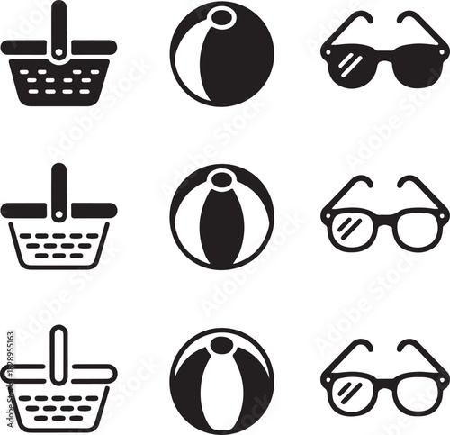 Three rows of three identical black and white icons featuring a picnic basket a beach ball and sunglasses Keywords: picnic icons, beach icons, summer icons, vacation icons, travel icons, outdoor