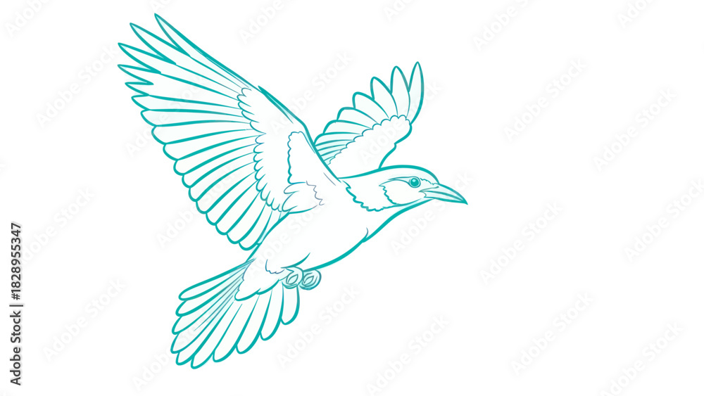 Fototapeta premium A teal-colored line drawing of a bird in flight with outstretched wings, soaring gracefully.